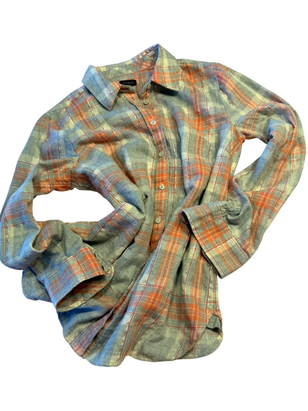 Talbots Women’s Gray and Orange Plaid  Button-Down Shirt with Metallic Thread